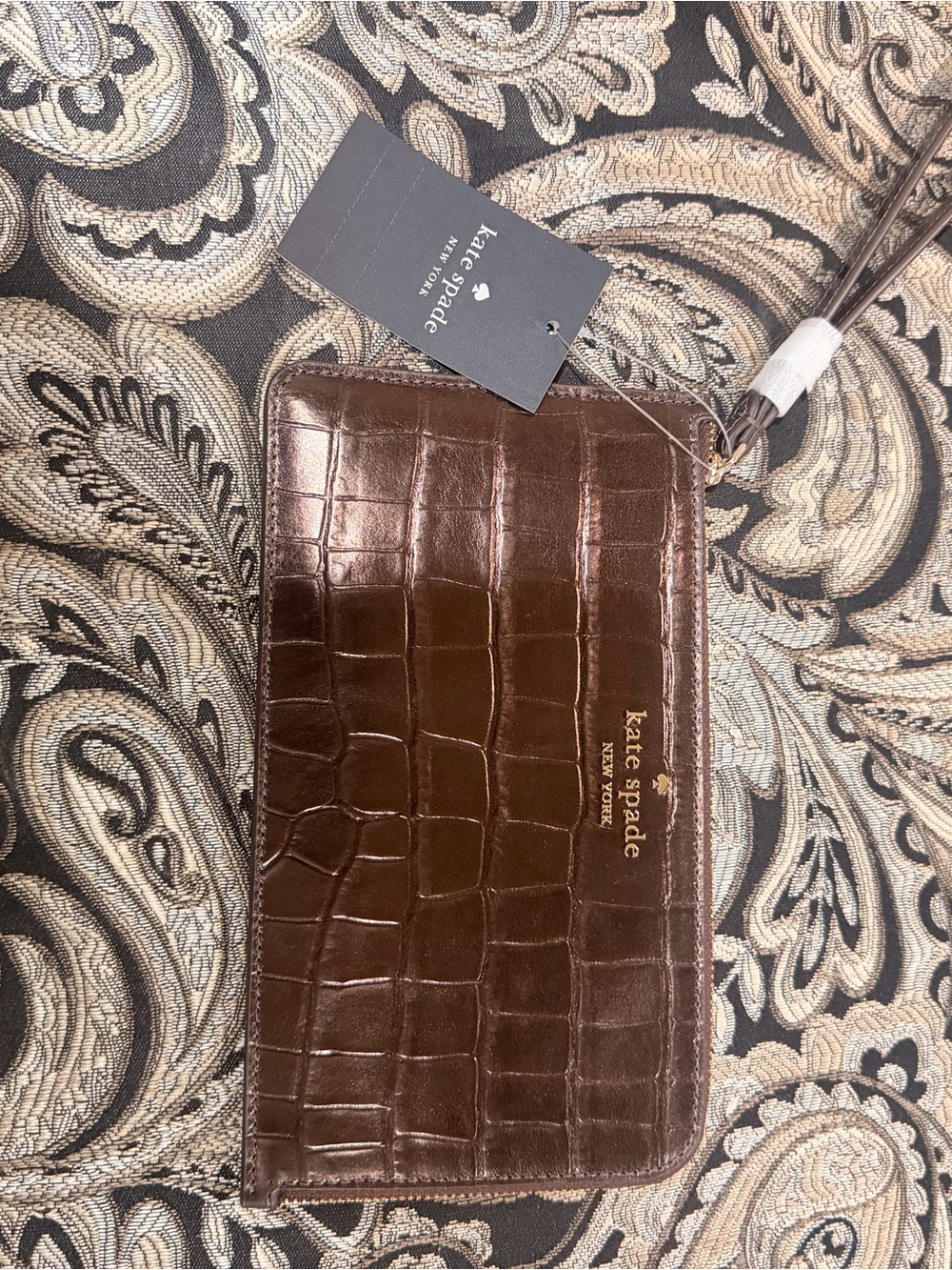 kate spade Brown Croc-Embossed Wristlet with Gold Logo
